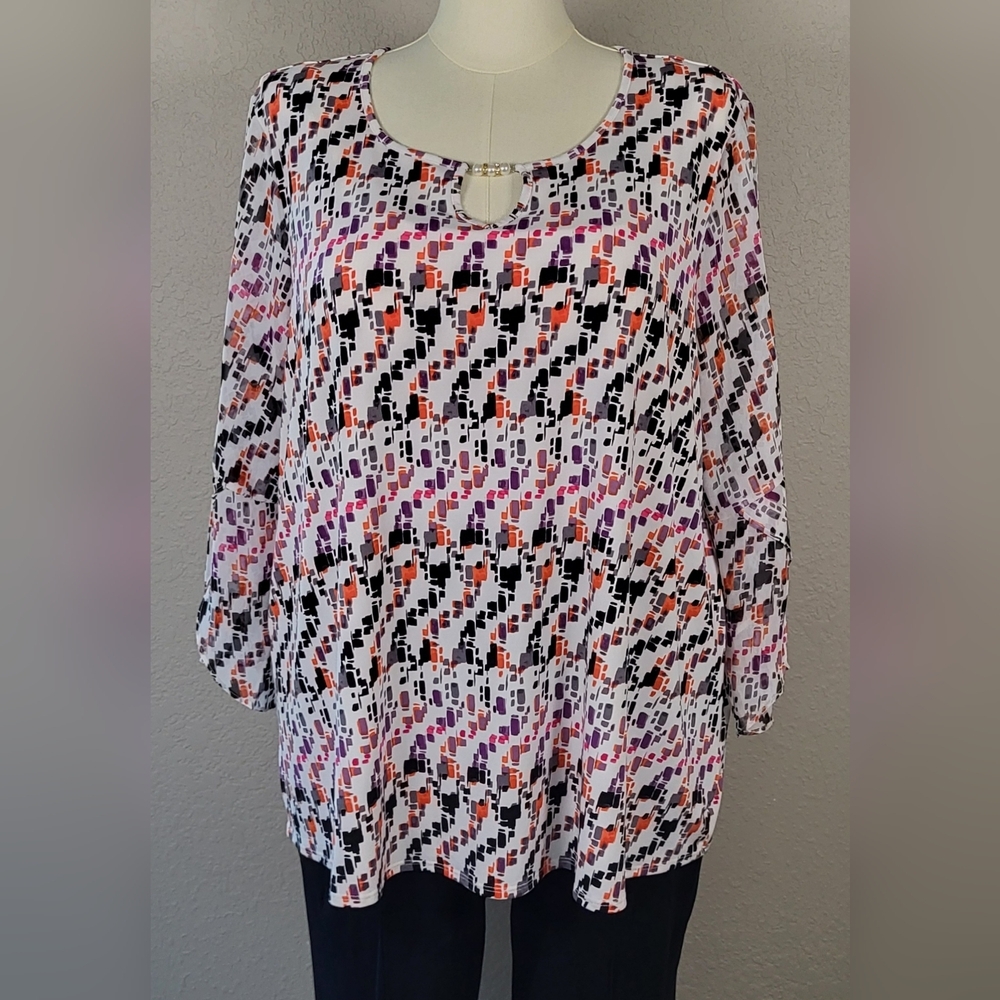 CATO Black and White Print Embellished Keyhole Blouse - Plus Size 18/20W